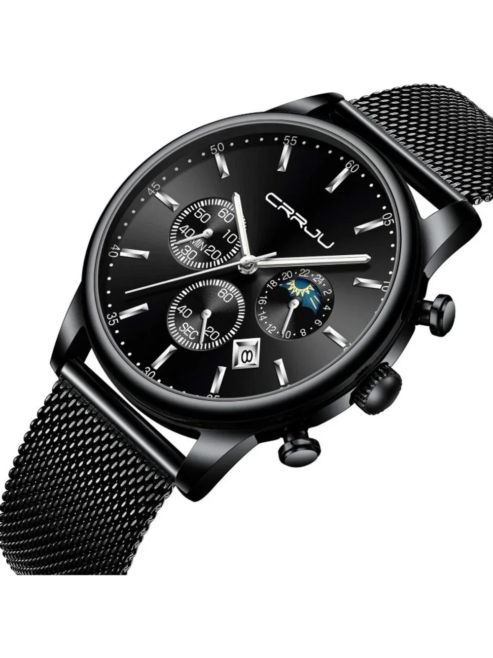 Men's Black Silver Chronograph Waterproof Steel Quartz Mesh Strap Casual Watch